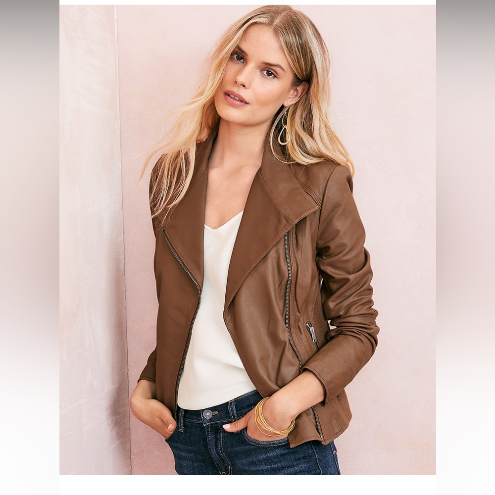 Marc New York Brown Leather Felix Asymmetrical Moto Jacket With Wing Collar